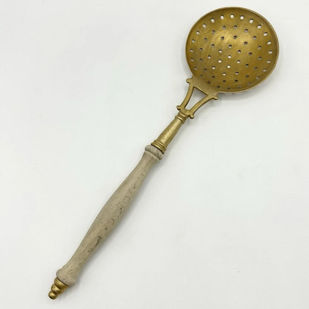 Vintage Metal Skimmer Slotted Spoon Ladle Utensil Wood Handle
